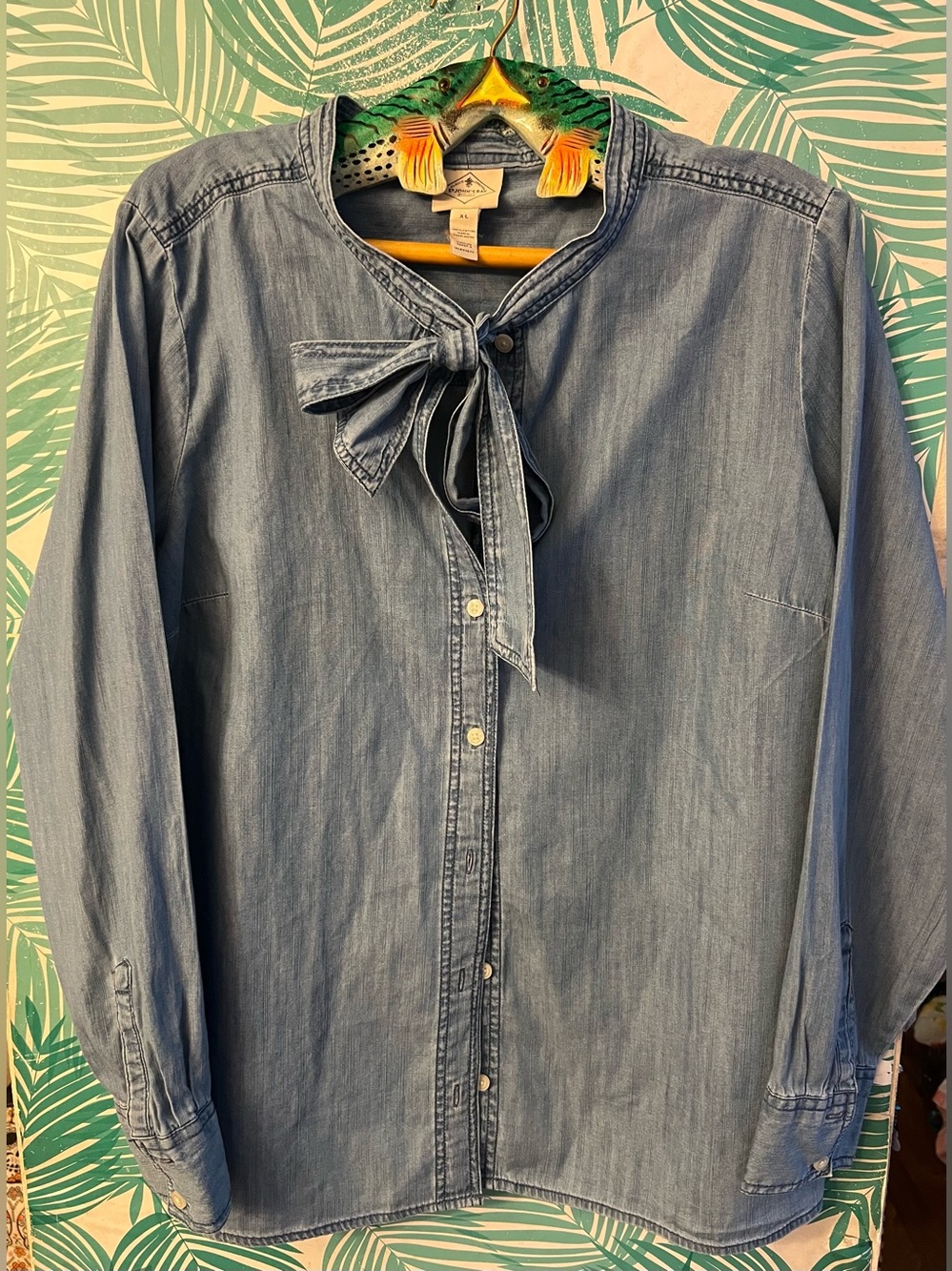 St. John's Bay Light Blue Tie-Neck Denim cotton Button-Down Shirt XL